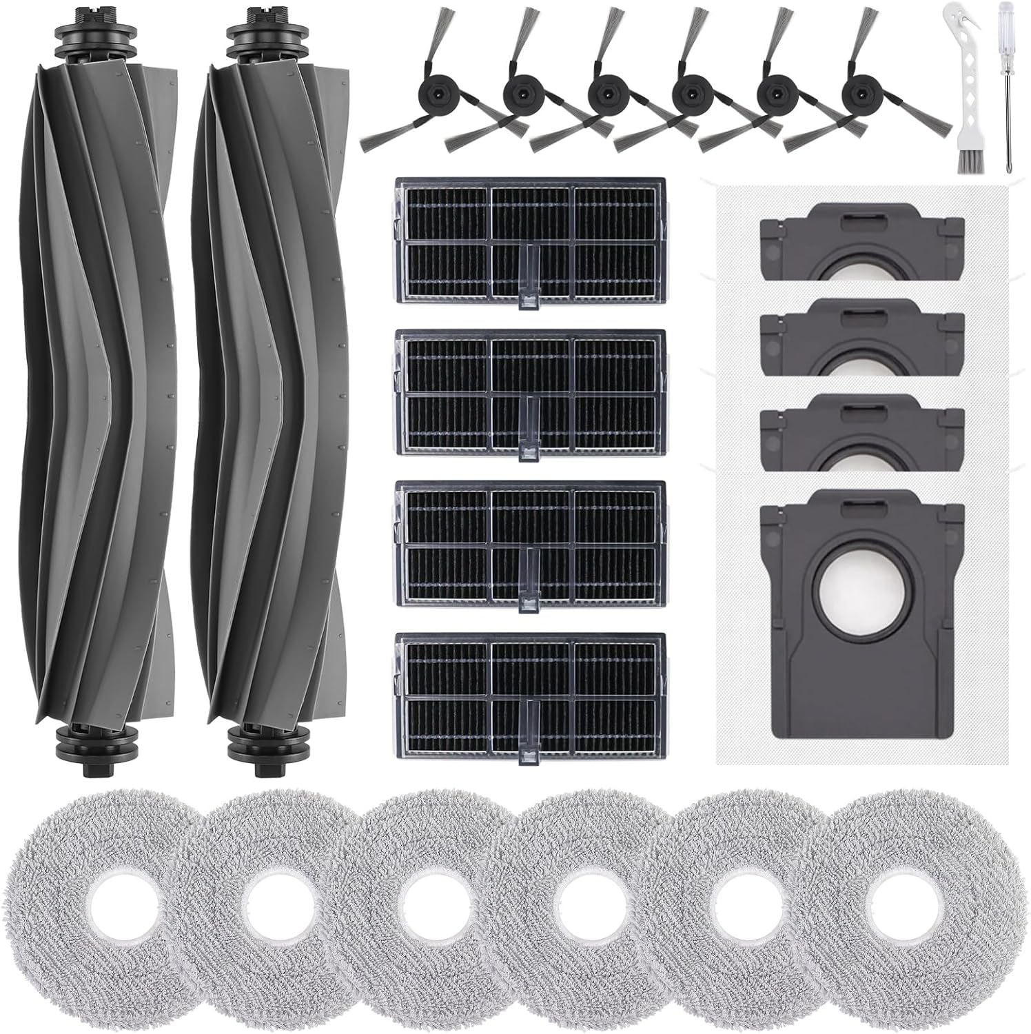 Kit d'accessoires de rechange (L50 Ultra AE, L10s Ultra Gen 3, X40 Ultra) : 2 brosses principales, 4 filtres, 6 brosses latérales, 6 serpillières, 4 sacs
